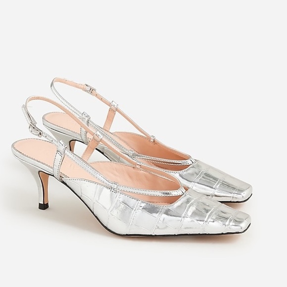 J. Crew Shoes - J. Crew Women’s Leona slingback heels in metallic croc-embossed leather Silver 7